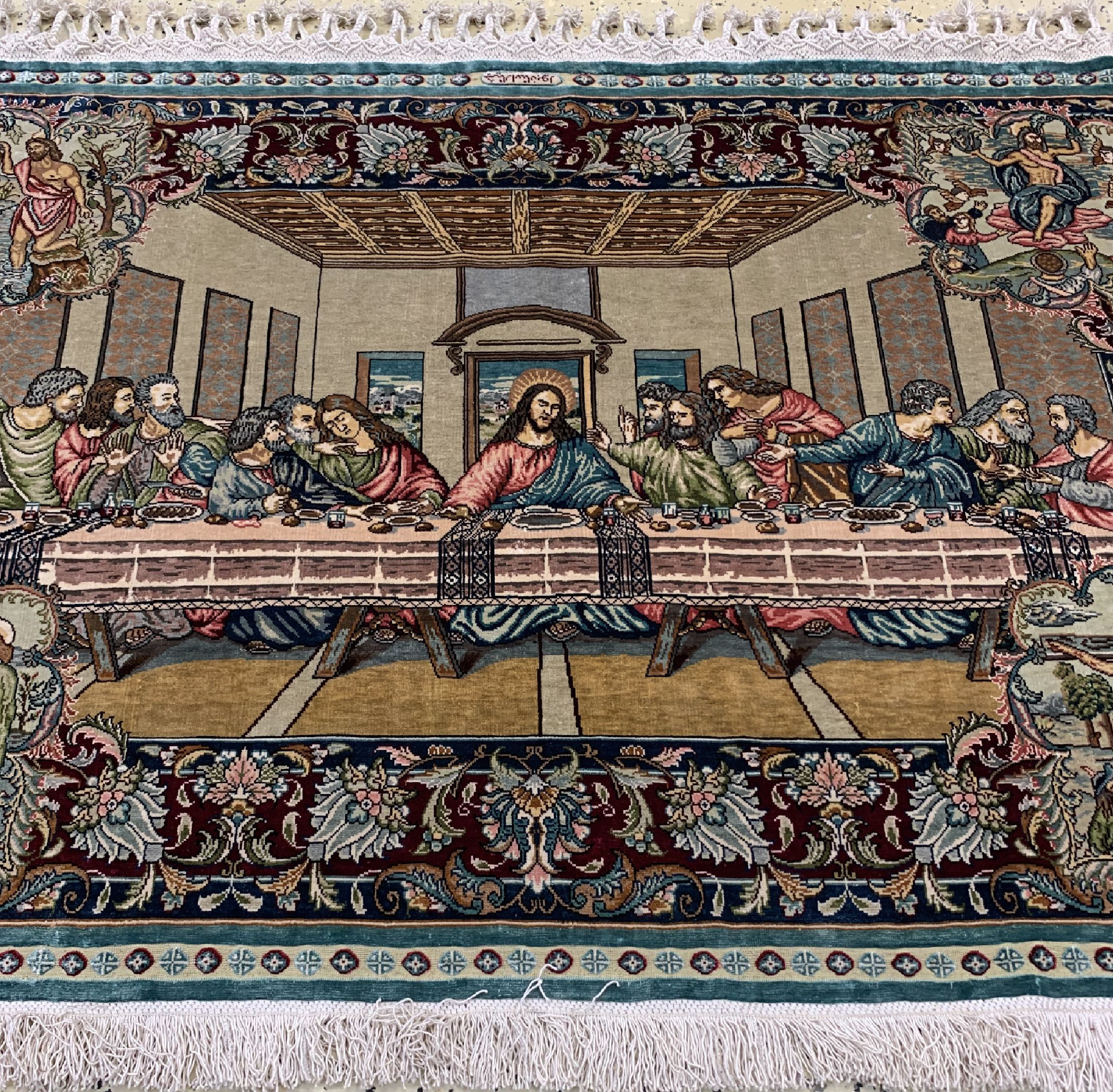 Detail e: Istanbul Seide signiert Türkei, "Das letzteAbendmahl", um 1960, reine Naturseide, ca. 120x 84 cm, EHZ: 1