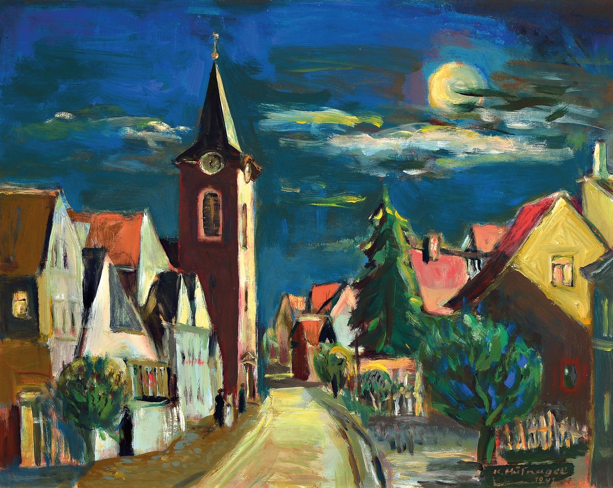 Karl Hufnagel, 1906 Harthausen-1995 Speyer, "Heiligenstein", 1990, Ansicht der Stadt bei Vollmond, Öl/Hartfaserplatte, rechts unten ...