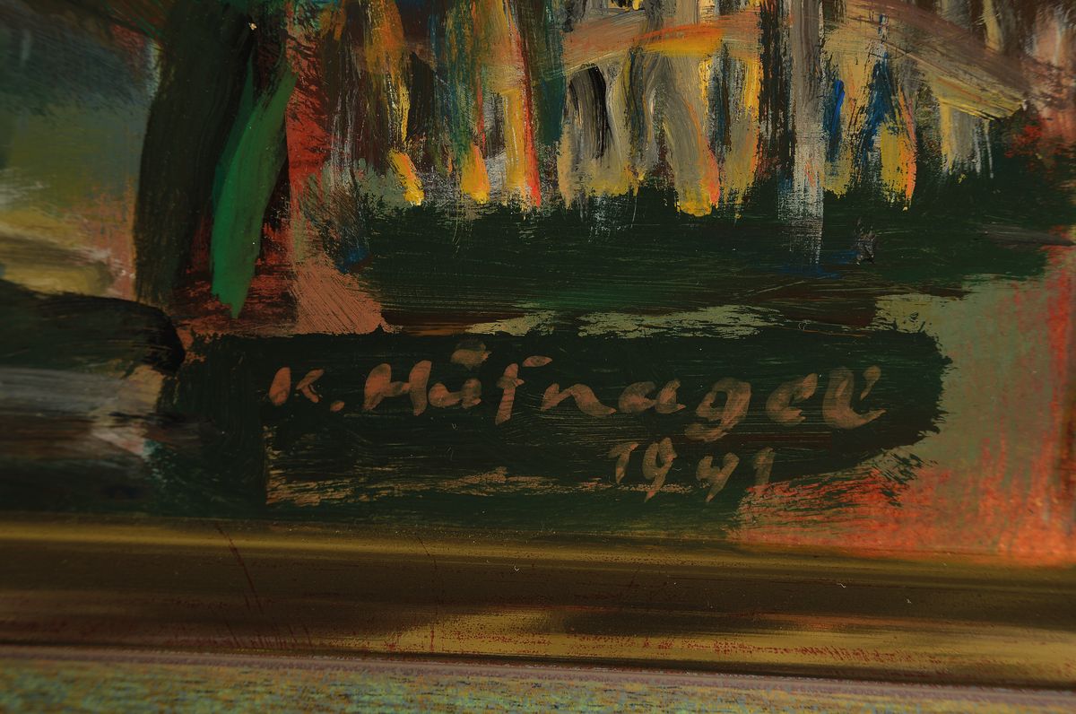 Detail a: Karl Hufnagel, 1906 Harthausen-1995 Speyer, "Heiligenstein", 1990, Ansicht der Stadt bei Vollmond, Öl/Hartfaserplatte, rechts unten ...