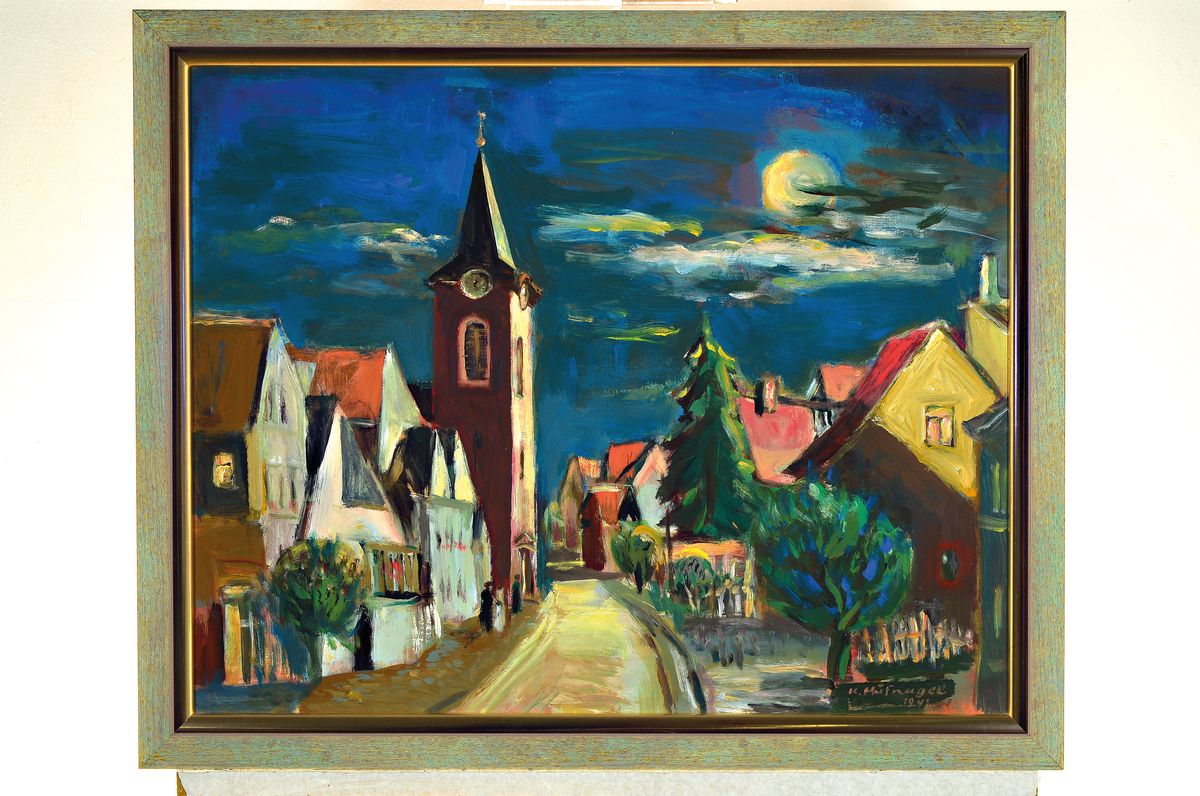 Detail k: Karl Hufnagel, 1906 Harthausen-1995 Speyer, "Heiligenstein", 1990, Ansicht der Stadt bei Vollmond, Öl/Hartfaserplatte, rechts unten ...