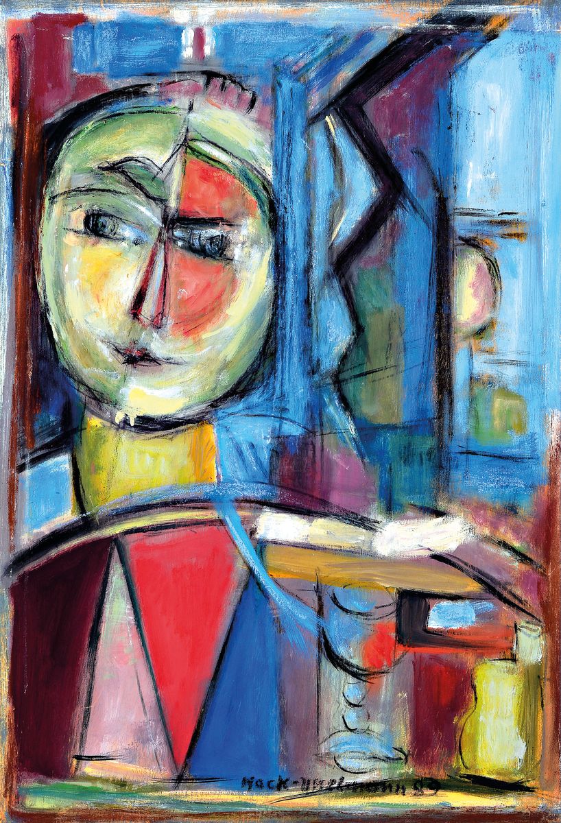 Elisabeth Mack-Usselmann, 1927 Karlsruhe-2020 , Meisterschülerin Erich Heckels, kubisches Frauenbildnis, Öl/Platte, rechts unten signiert und ...