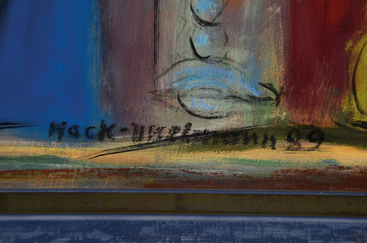 Detail a: Elisabeth Mack-Usselmann, 1927 Karlsruhe-2020 , Meisterschülerin Erich Heckels, kubisches Frauenbildnis, Öl/Platte, rechts unten signiert und ...