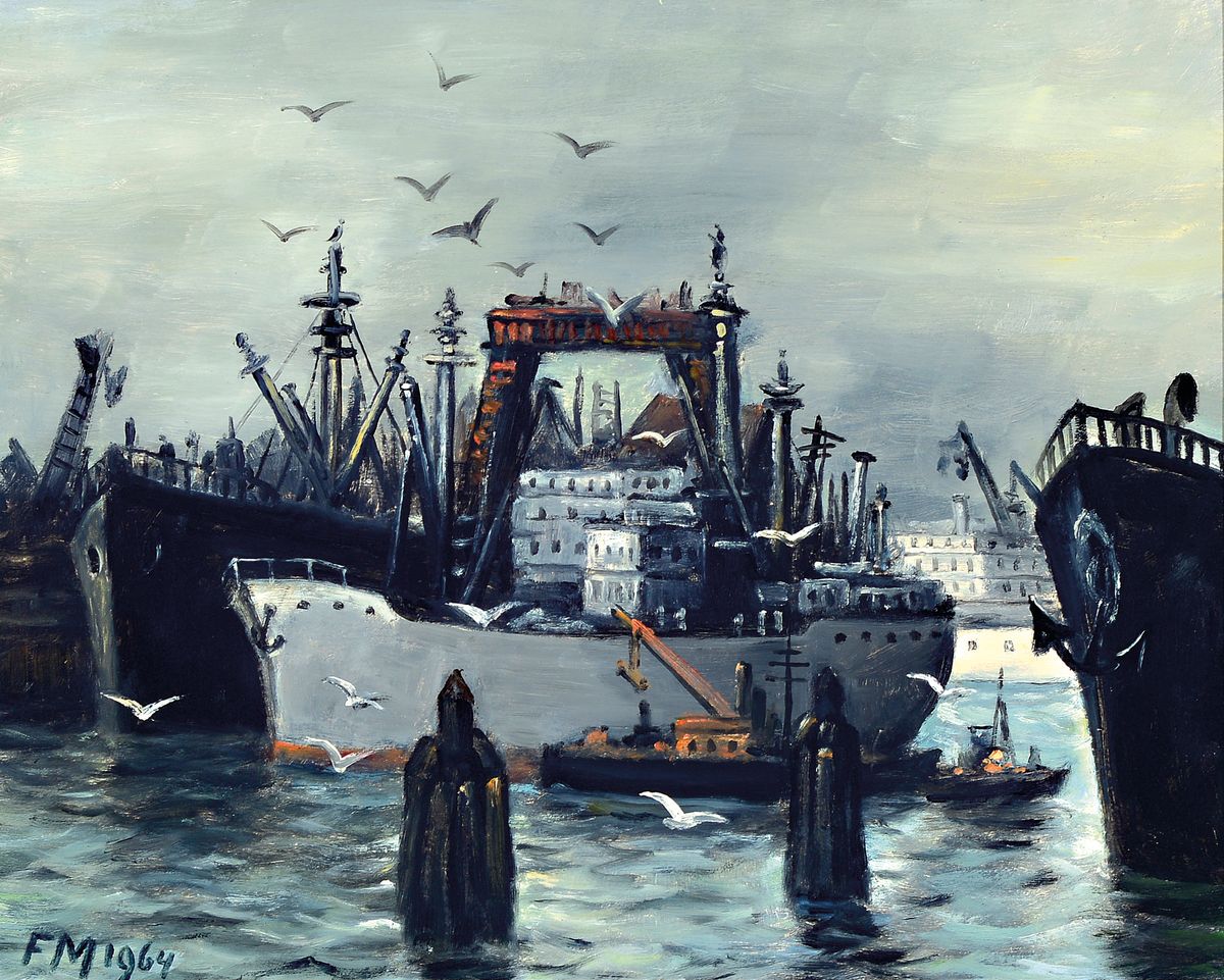 Frans Masereel, 1889 Blankenberge/Belgien-1972 Avignon/Frankreich, "Hambourg Dock flattant", 1964, Öl/Holzplatte, links unten ...