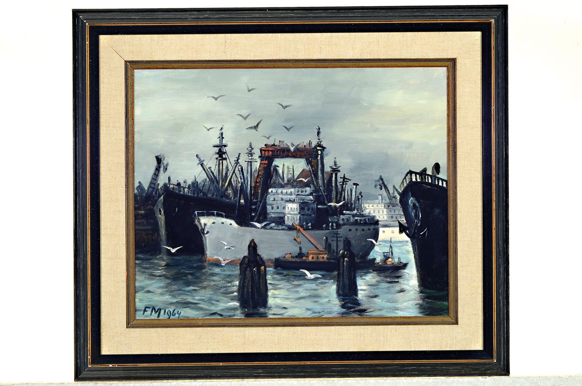 Detail k: Frans Masereel, 1889 Blankenberge/Belgien-1972 Avignon/Frankreich, "Hambourg Dock flattant", 1964, Öl/Holzplatte, links unten ...