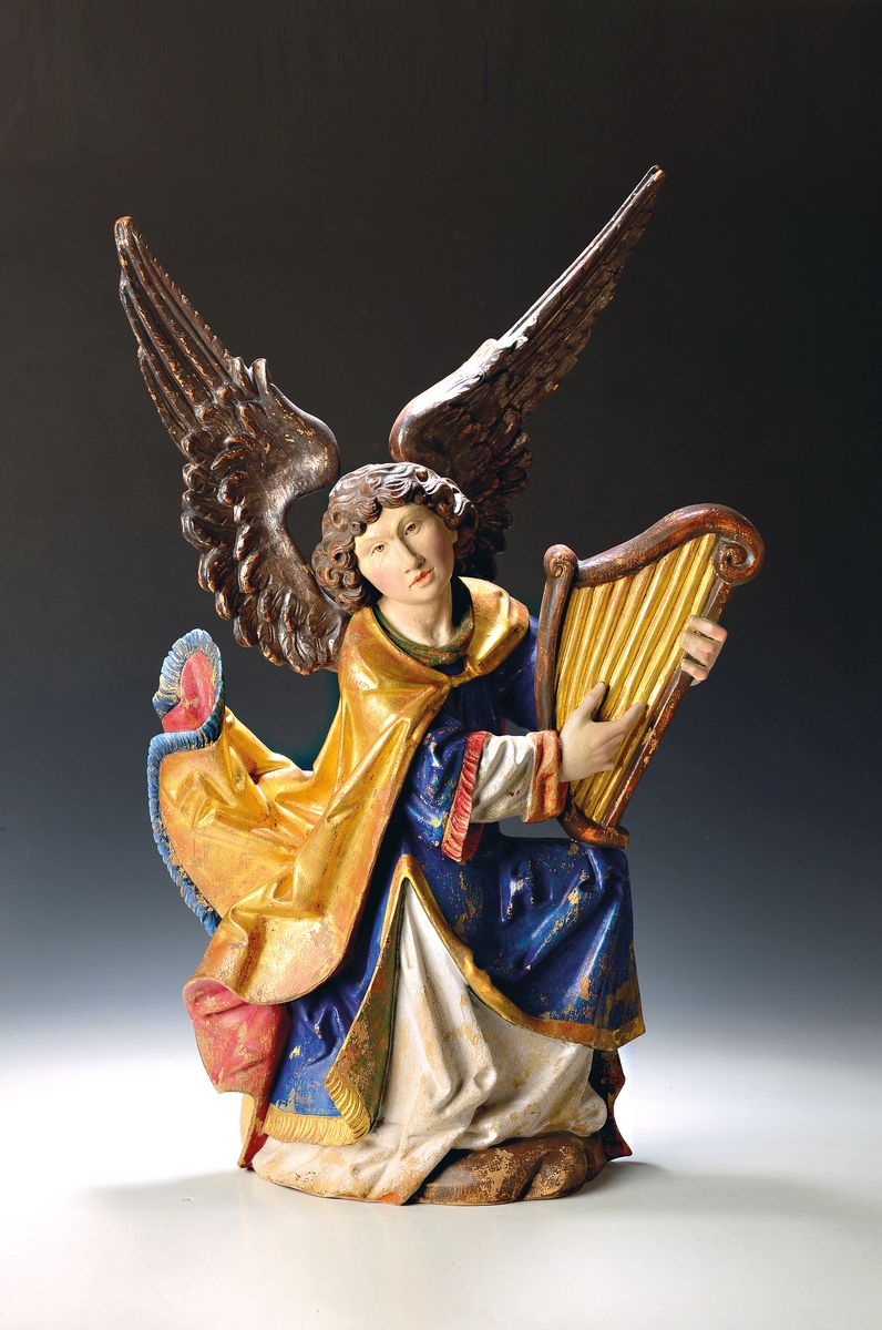 Große Bildschnitzerei/Heiligenfigur, Wilhelm Senoner, Grödnertal, nach barockem Vorbild, Engel mit Laute, bunt gefaßt und vergoldet, gewollte ...