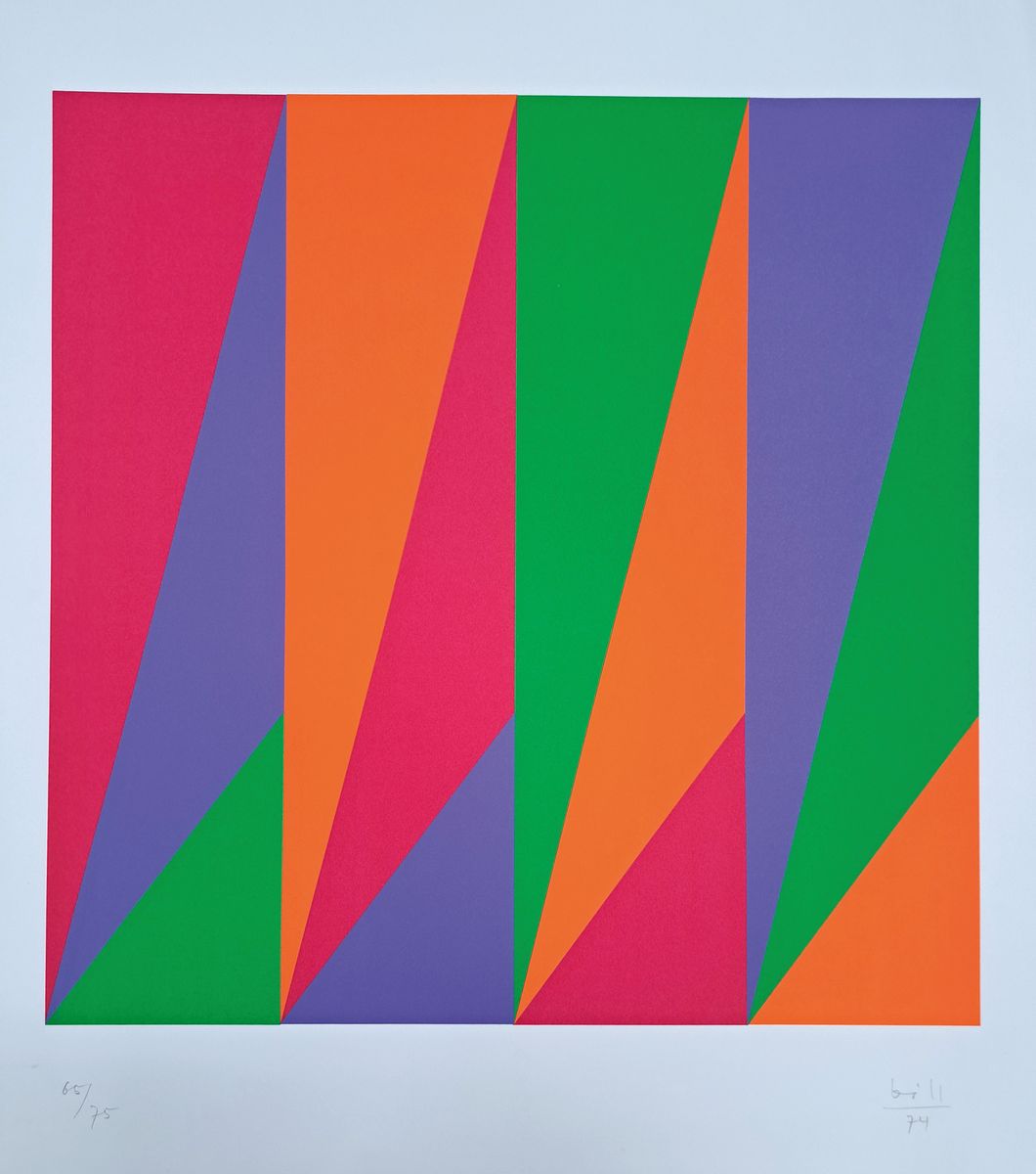 Max Bill, 1908 Winterthur - 1994 Berlin, Farbserigraphie, Komposition, 1974, Ed. 65/75,handsigniert und datiert, ungerahmt, Blatt 77x62 cm, l. ...