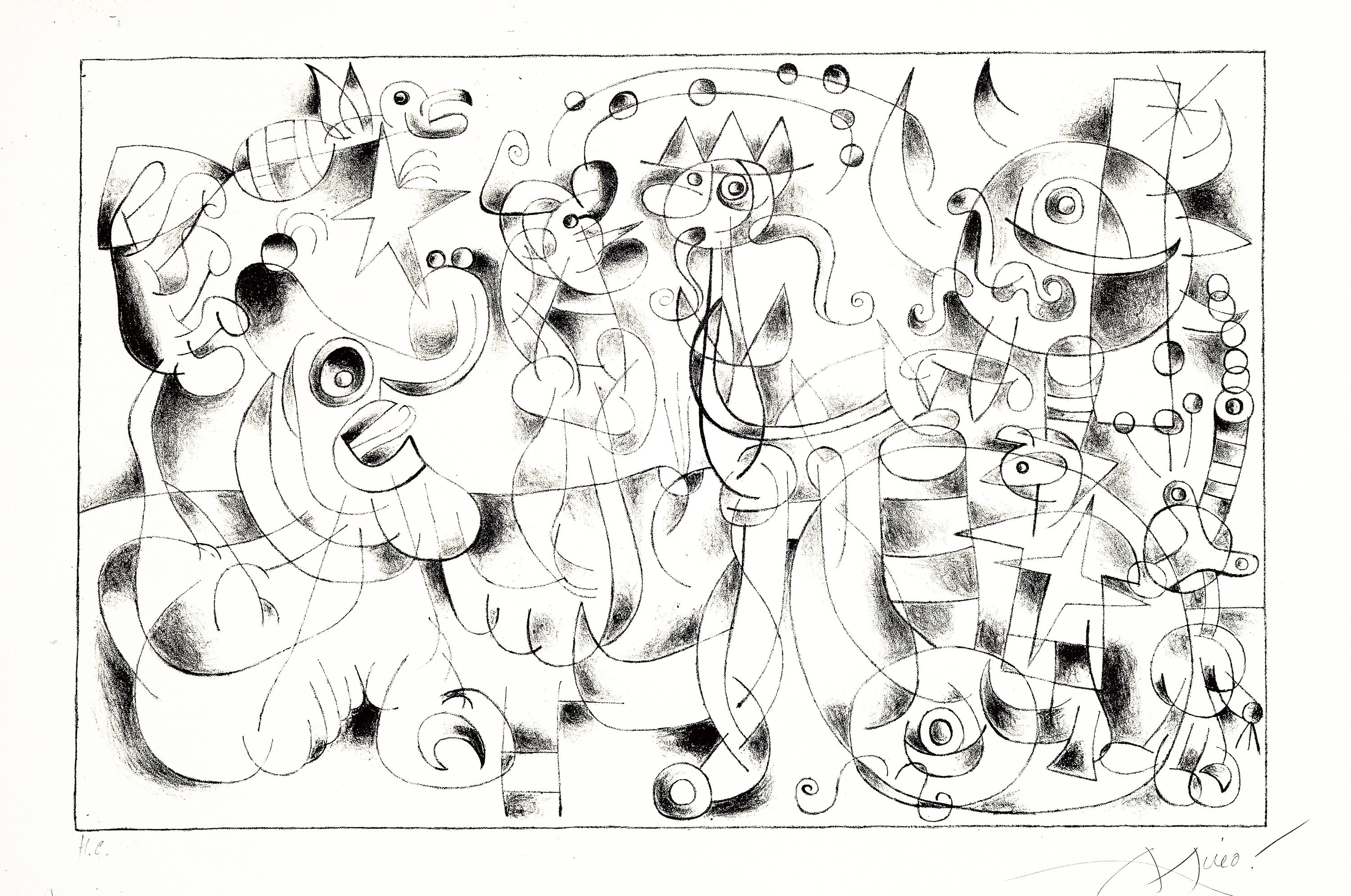 Joan Miro, 1893 Barcelona - 1983 Palma, Lithographie auf Arches, "Le Massacre du Roi de Pologne" aus der Folge "Ubu Roi", 1966, ...