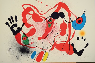 Image 26713225 - Joan Miro, 1893 Barcelona-1983 Palma, color lithograph, #"El Marxant de Galls#", Ed. 24/75, hand signed, unframed, l. browned, sheet 82x58 cm, from a private collection