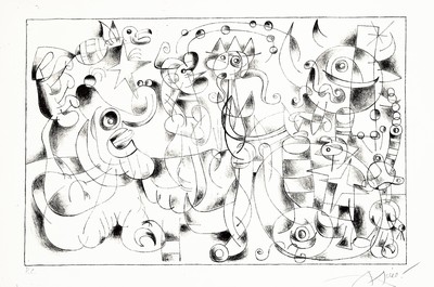 Image 26713238 - Joan Miro, 1893 Barcelona - 1983 Palma, lithograph on Arches, #"Le Massacre du Roi de Pologne#" from the series #"Ubu Roi#", 1966, H.C., hand-signed, top edge l. Light edge, unframed, sheet 54x74 cm