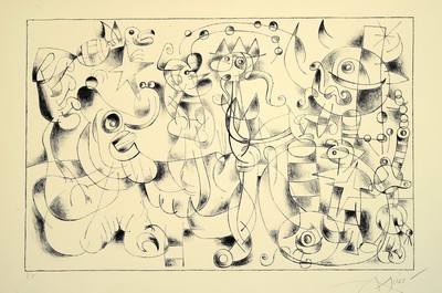 26713238k - Joan Miro, 1893 Barcelona - 1983 Palma, lithograph on Arches, #"Le Massacre du Roi de Pologne#" from the series #"Ubu Roi#", 1966, H.C., hand-signed, top edge l. Light edge, unframed, sheet 54x74 cm