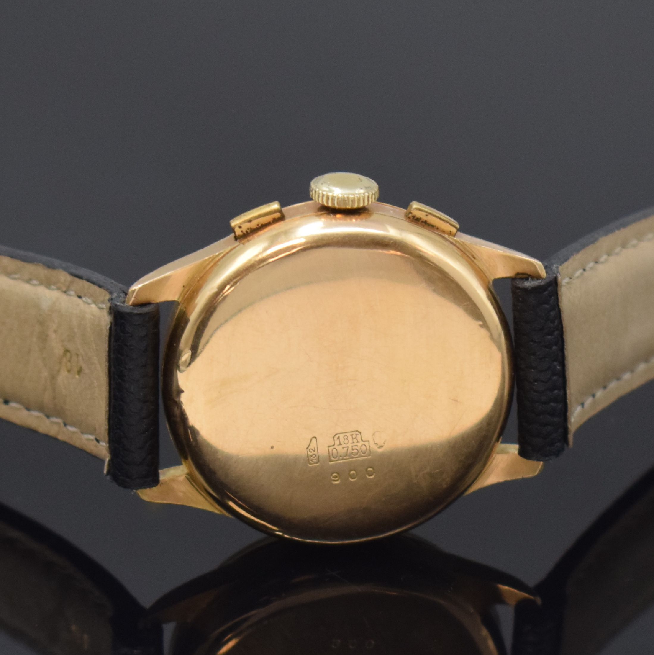 Detail c: ORFINA Armbandchronograph in RoseG 750/000, Schweiz um 1950, Glasrand, Boden u. verg. Cuvette aufgedr., silb. Zifferbl. fl., gold. Ind. u. arab. ...