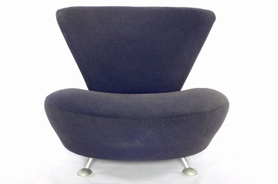 Image 26713870 - Design lounge chair, bluish-gray fabric covers, oval seat, on aluminum legs, timeless modern furniture, freestanding, signs of age and use, approximately 80x70x93 cm