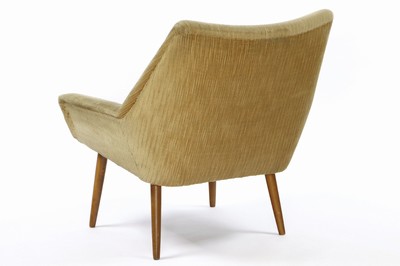 26713878a - Cocktail armchair, light brown cord covers, loose seat cushions, conically tapered wooden legs, signs of age and use, approximately 76x73x74 cm, seat height 39 cm, arm height 48 cm