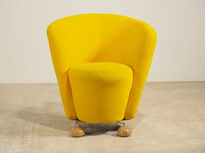 Image 26713896 - Club chair, yellow felt-like fabric cover, on wooden legs, freestanding, signs of age and use, approximately 80x45x75 cm