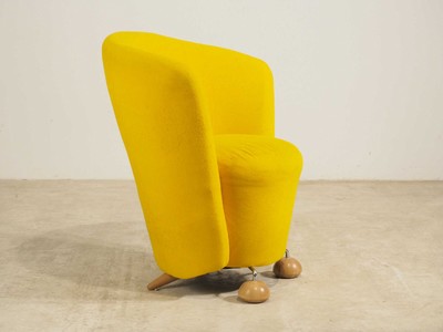 26713896a - Club chair, yellow felt-like fabric cover, on wooden legs, freestanding, signs of age and use, approximately 80x45x75 cm