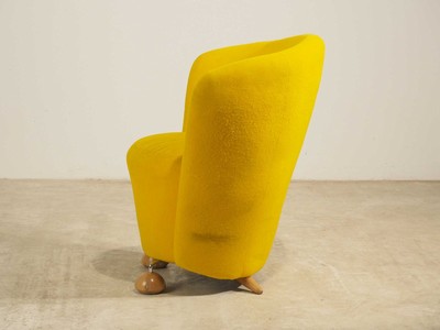 26713896b - Club chair, yellow felt-like fabric cover, on wooden legs, freestanding, signs of age and use, approximately 80x45x75 cm