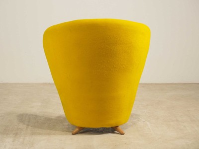 26713896c - Club chair, yellow felt-like fabric cover, on wooden legs, freestanding, signs of age and use, approximately 80x45x75 cm