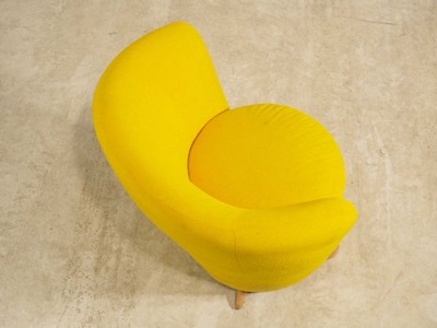 26713896d - Club chair, yellow felt-like fabric cover, on wooden legs, freestanding, signs of age and use, approximately 80x45x75 cm