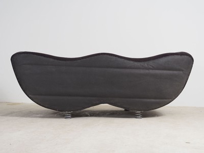 26713897c - Bretz Sofa, Model: Laola, black velvet-like fabric covers, on spring legs, unique design, very decorative, signs of age and use, approx. 87x226x123 cm