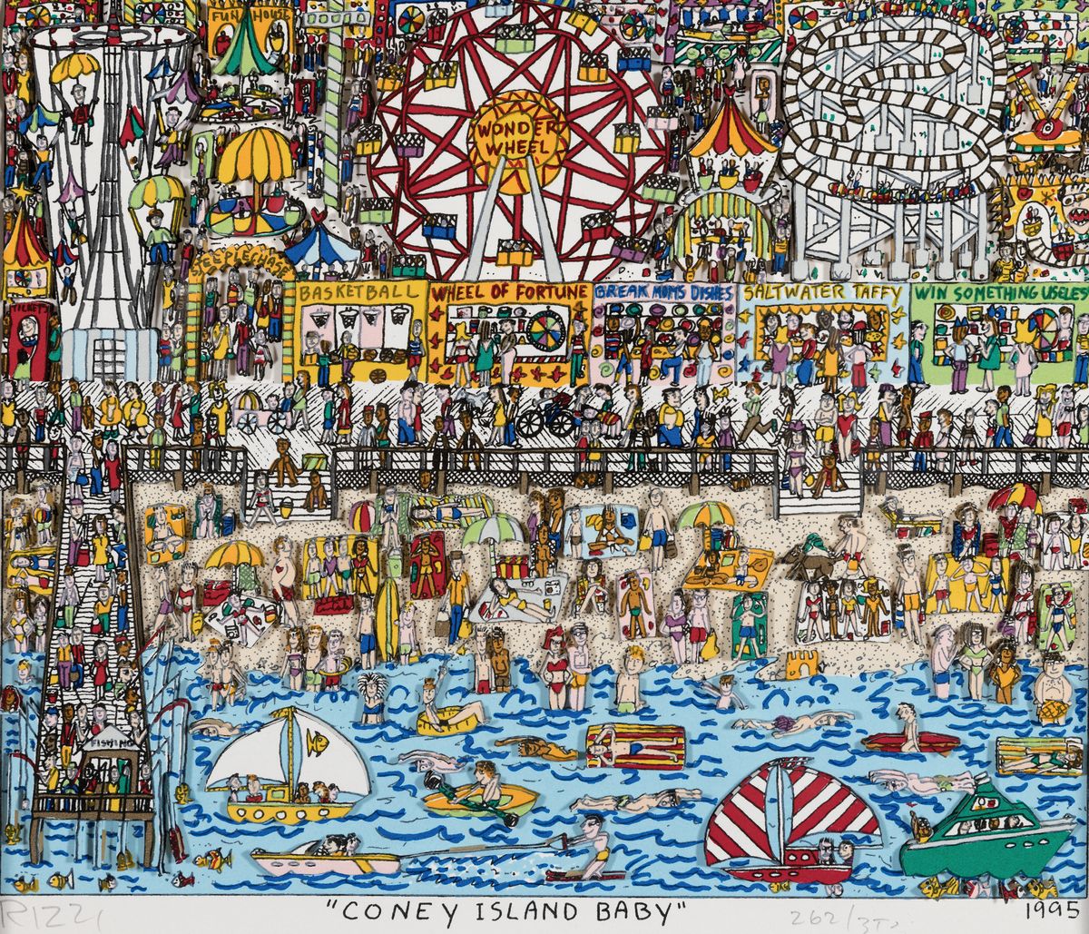 James Rizzi, 1950 - 2011 New York, "Coney Island Baby", dreidimensionale Farblitho, handsigniert und num. 262/350, aus 1995, PP.-Ausschnitt ...