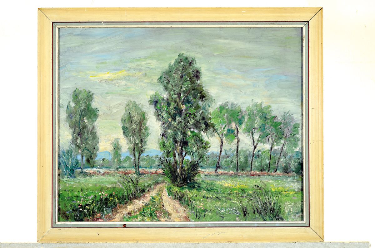 Detail k: Heinz Reiss, 1923-2012 Haßloch, Landschaft mit Baum besandenem Weg, Öl/Lwd, rechts unten monogr. und dat. 63, ca. 40x50cm, R. ca. 47x57cm