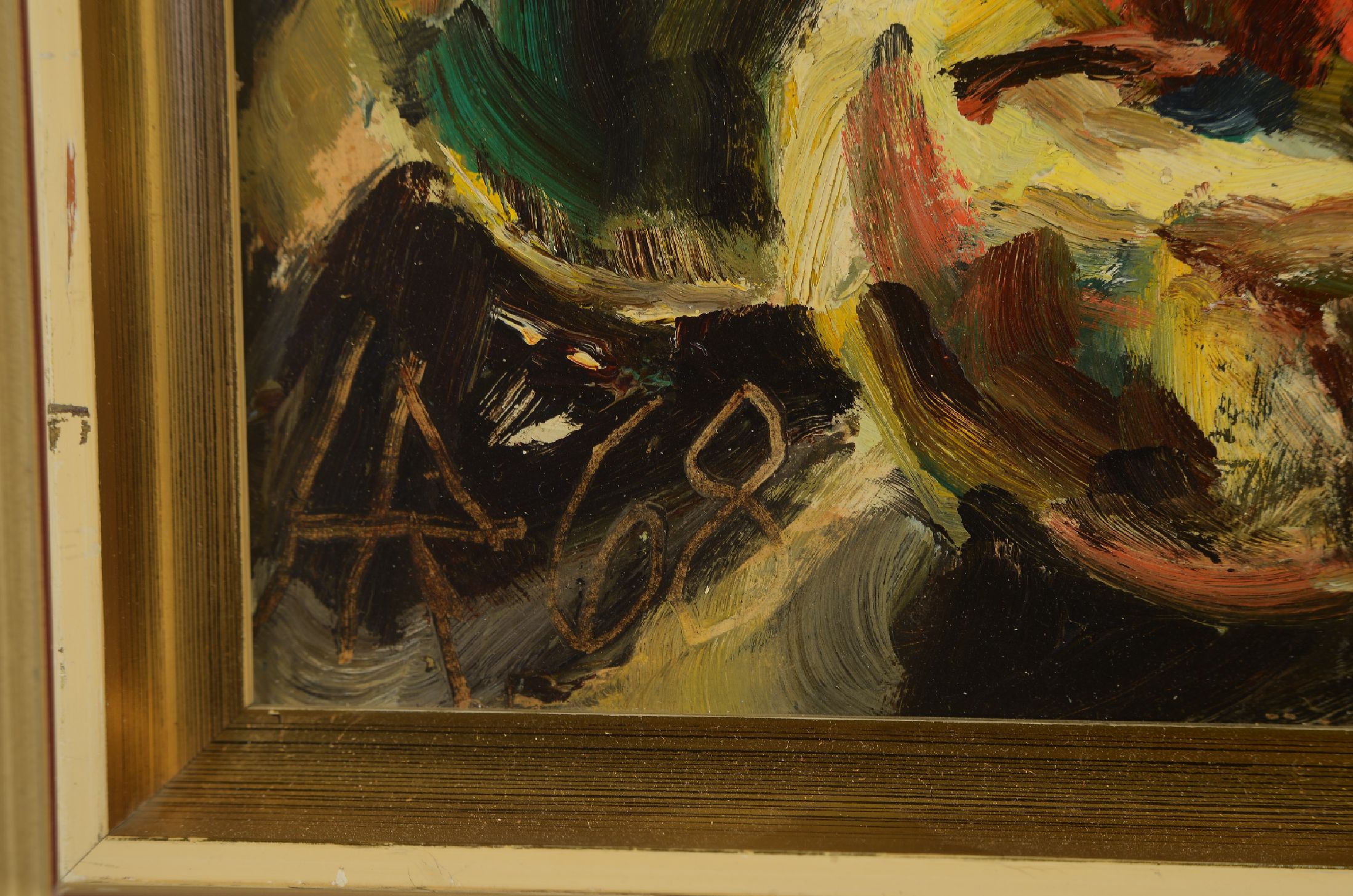 Detail a: Heinz Reiss, 1923-2012 Haßloch, Stillleben mit Krug, Äpfeln und Gläsern, Öl/ Malkarton, links unten monogr. und dat. 68, ca. 50x40cm, R. ca. ...