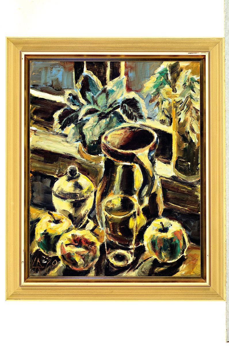 Detail k: Heinz Reiss, 1923-2012 Haßloch, Stillleben mit Krug, Äpfeln und Gläsern, Öl/ Malkarton, links unten monogr. und dat. 68, ca. 50x40cm, R. ca. ...