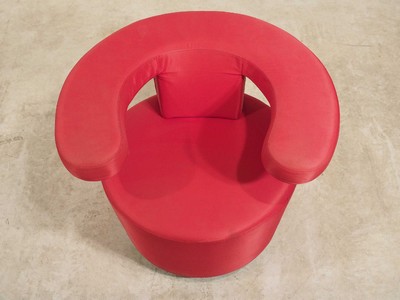 26713929g - Sessel Brühl, Model: Big Arm, designed as a swivel chair, red silk-like fabric covers, on blackened base, signs of age and use, approx. 74x68x88 cm