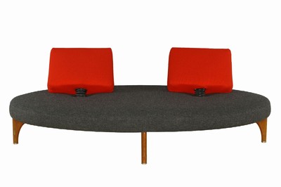 Image 26713930 - Sofa Edra, Model: No Stop, by Maarten Kusters, fabric covers in gray and red, backrests rotatable, teak legs with metal accents, freestanding, very decorative, approx. 89x210x110 cm