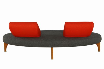 26713930a - Sofa Edra, Model: No Stop, by Maarten Kusters, fabric covers in gray and red, backrests rotatable, teak legs with metal accents, freestanding, very decorative, approx. 89x210x110 cm
