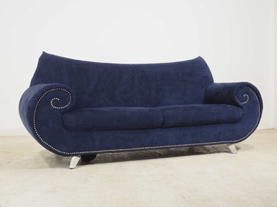 Image 26713945 - Sofa Bretz, model: Gaudi, dark blue suede- like cover, metal decorative nails, aluminum feet, signs of age and use, approximately 77x85x215 cm