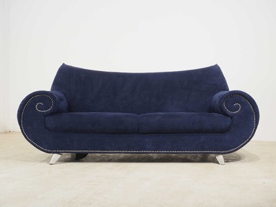 26713945a - Sofa Bretz, model: Gaudi, dark blue suede- like cover, metal decorative nails, aluminum feet, signs of age and use, approximately 77x85x215 cm
