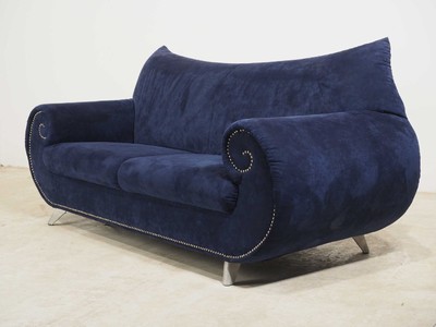 26713945b - Sofa Bretz, model: Gaudi, dark blue suede- like cover, metal decorative nails, aluminum feet, signs of age and use, approximately 77x85x215 cm
