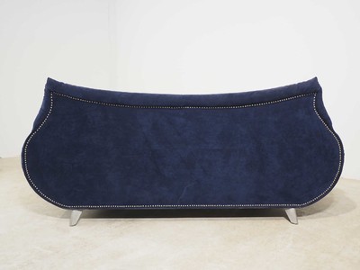 26713945c - Sofa Bretz, model: Gaudi, dark blue suede- like cover, metal decorative nails, aluminum feet, signs of age and use, approximately 77x85x215 cm