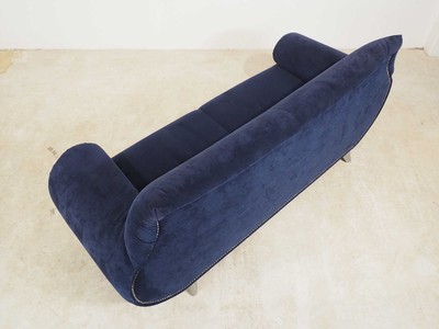 26713945d - Sofa Bretz, model: Gaudi, dark blue suede- like cover, metal decorative nails, aluminum feet, signs of age and use, approximately 77x85x215 cm