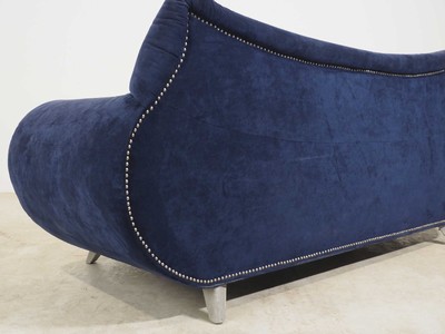 26713945e - Sofa Bretz, model: Gaudi, dark blue suede- like cover, metal decorative nails, aluminum feet, signs of age and use, approximately 77x85x215 cm