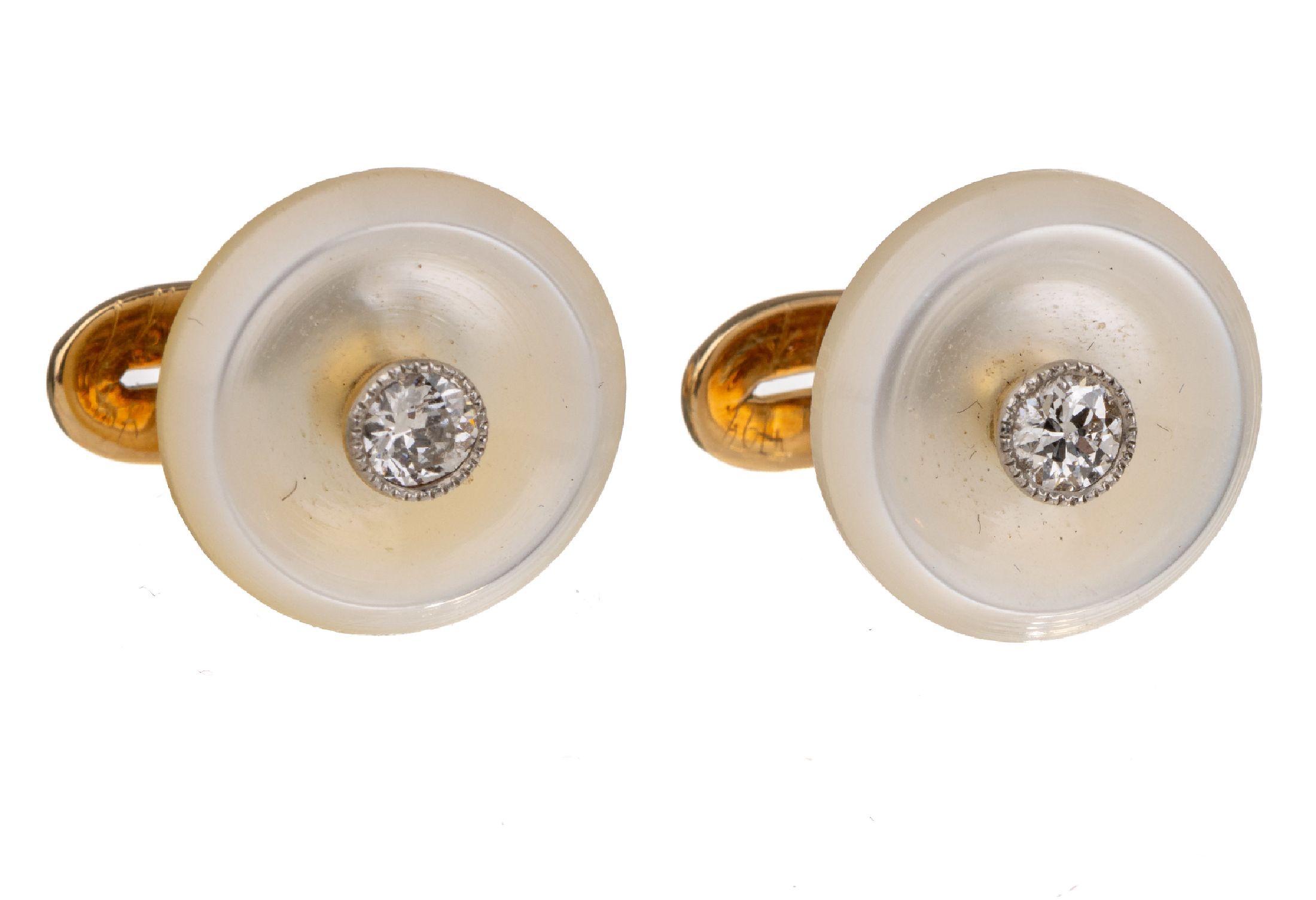 Paar 14 kt Gold Perlmutt Brillant Frackknöpfe, GG 585/000, schlicht und elegant, Perlmuttscheibe mittig mit kl. Brillant, ca. 2.6 g