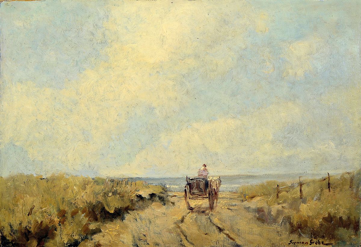 German Grobe, 1857 Hanau-1938 Düsseldorf, Pferdefuhrwerk in den Dünen, Öl/Malkarton, rechts unten signiert, ca. 33x48cm, R. ca. 45x61cm, studierte ...