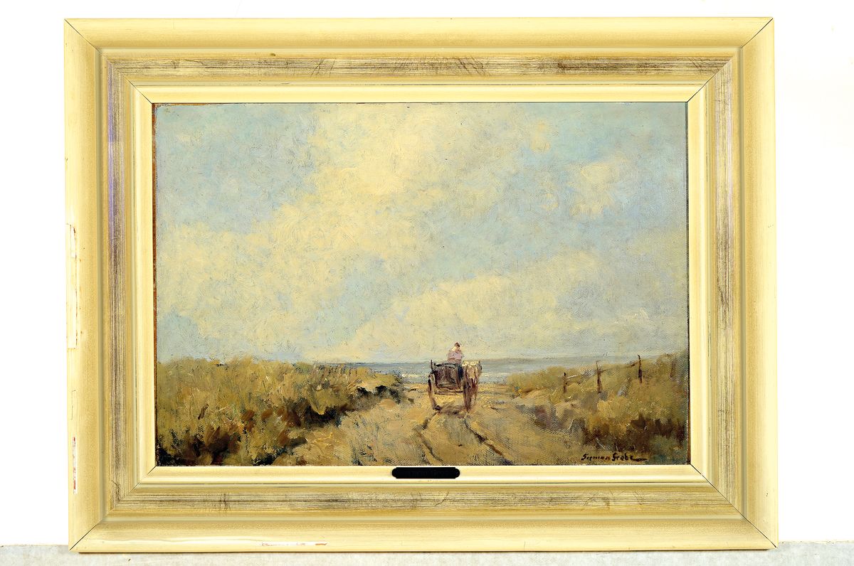 Detail k: German Grobe, 1857 Hanau-1938 Düsseldorf, Pferdefuhrwerk in den Dünen, Öl/Malkarton, rechts unten signiert, ca. 33x48cm, R. ca. 45x61cm, studierte ...