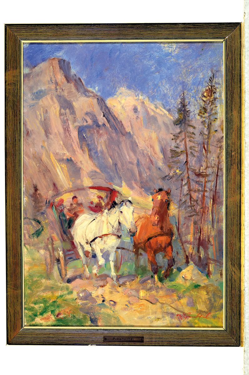 Detail k: Paul Henschel, 1889 Hagen-1982 Wülfrath, 2 Arbeiten in öl/Malkarton, 1) zwei Springreiter, sign. ca. 24x30cm, R. ca. 30x36 cm; 2) zweispännige ...