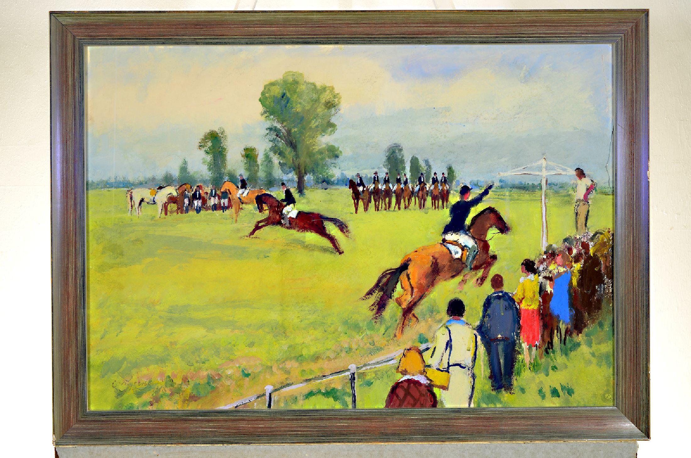 Carl Weisgerber, 1891 Ahrweiler-1968 Düsseldorf, Beim Pferderennen, Gouache auf Papier, links unten signiert, ca. 49x71cm, u.Gl. (dieses besch.), R. ...