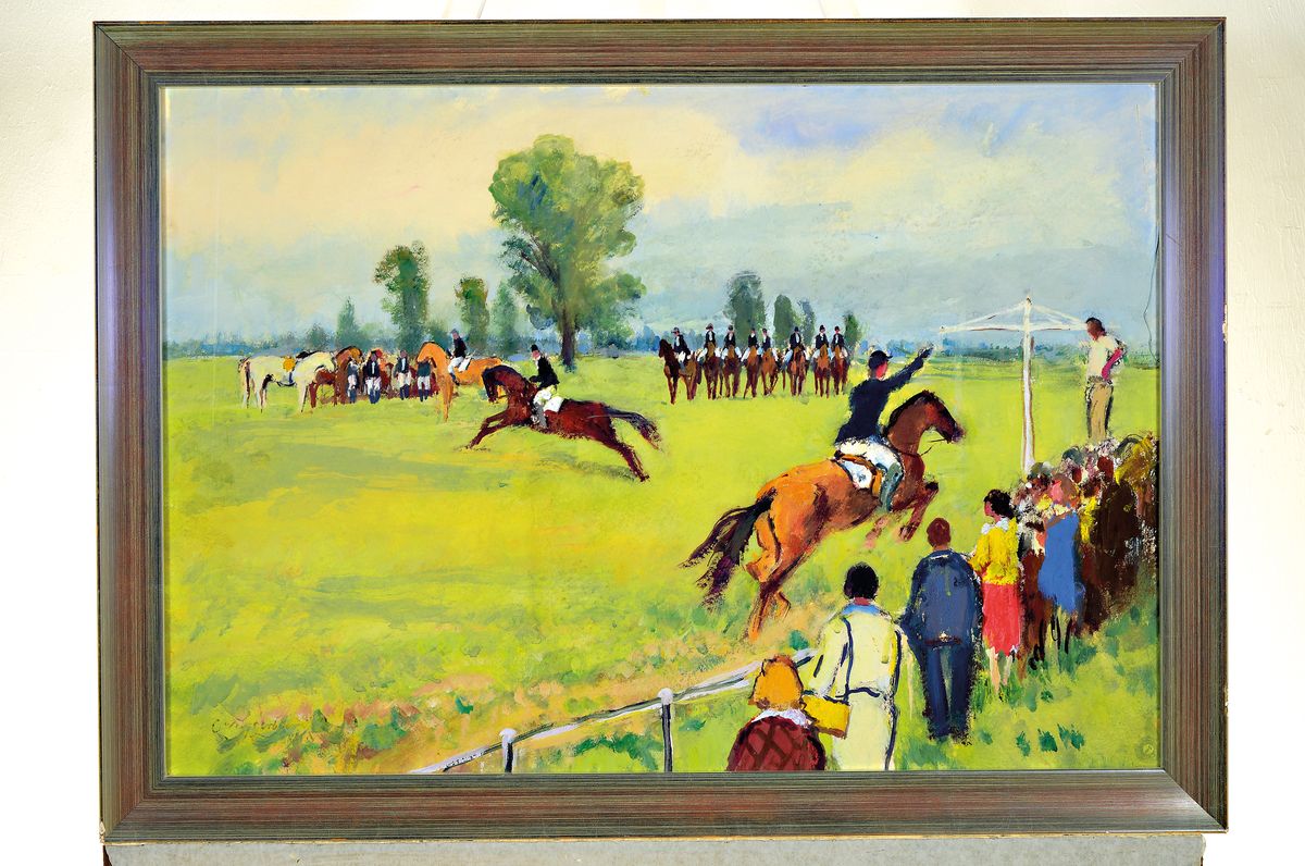 Detail k: Carl Weisgerber, 1891 Ahrweiler-1968 Düsseldorf, Beim Pferderennen, Gouache auf Papier, links unten signiert, ca. 49x71cm, u.Gl. (dieses besch.), R. ...