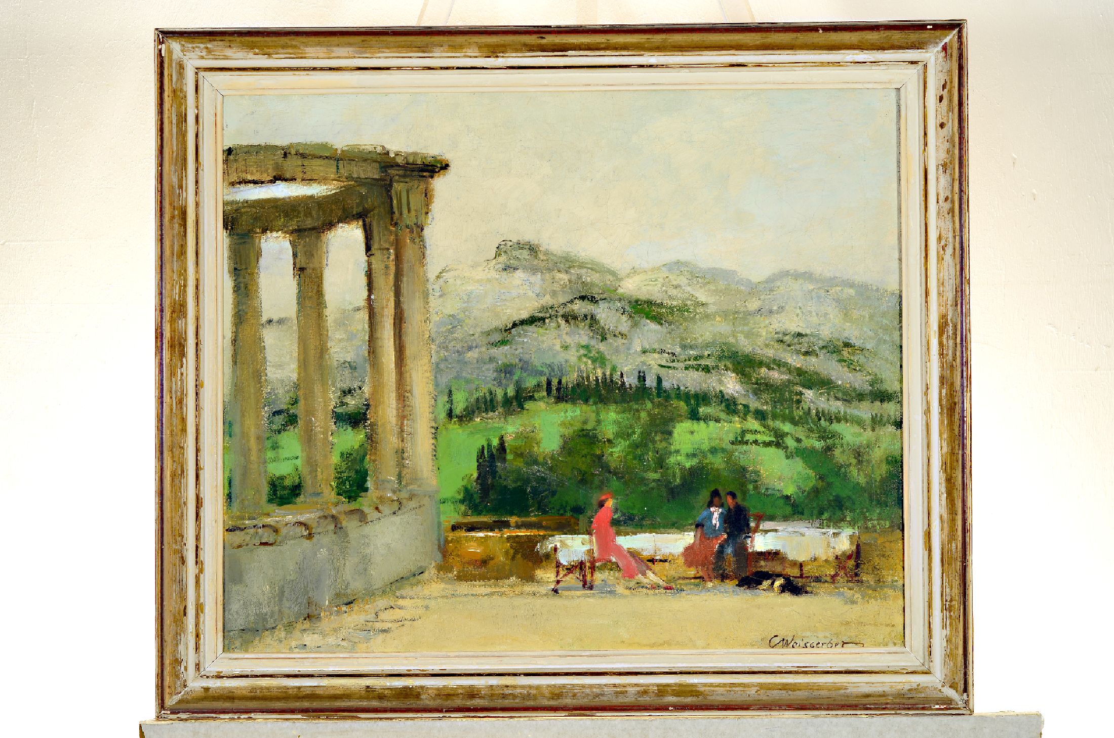 Carl Weisgerber, 1891 Ahrweiler-1968 Düsseldorf, Besucher auf einer Terrasse mit Pavillon, Öl/Lwd, re. u. sign., ca. 50x60cm, R. ca. 60x70cm, ...
