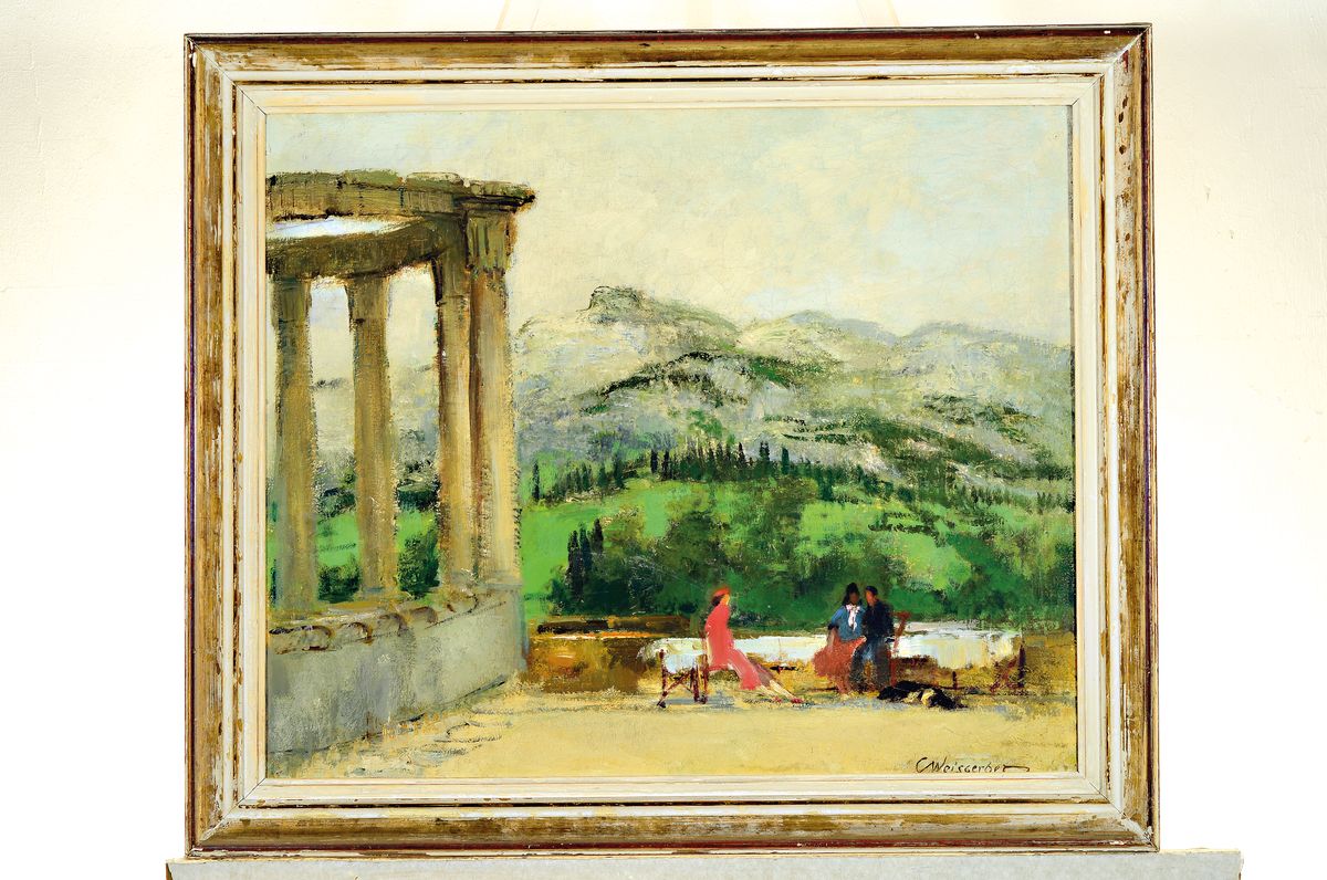 Detail k: Carl Weisgerber, 1891 Ahrweiler-1968 Düsseldorf, Besucher auf einer Terrasse mit Pavillon, Öl/Lwd, re. u. sign., ca. 50x60cm, R. ca. 60x70cm, ...