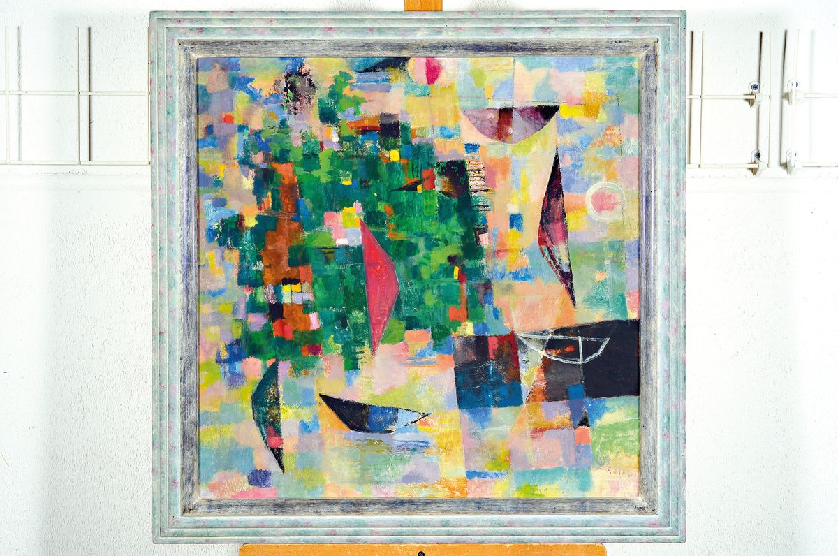 Gottfried Rasp, 1903 Salzburg - 1980 MÜnchen, abstrakte Komposition, Öl/Karton, re.u. signiert, ca. 60 x 60 cm, Rahmen ca. 72 x 72cm