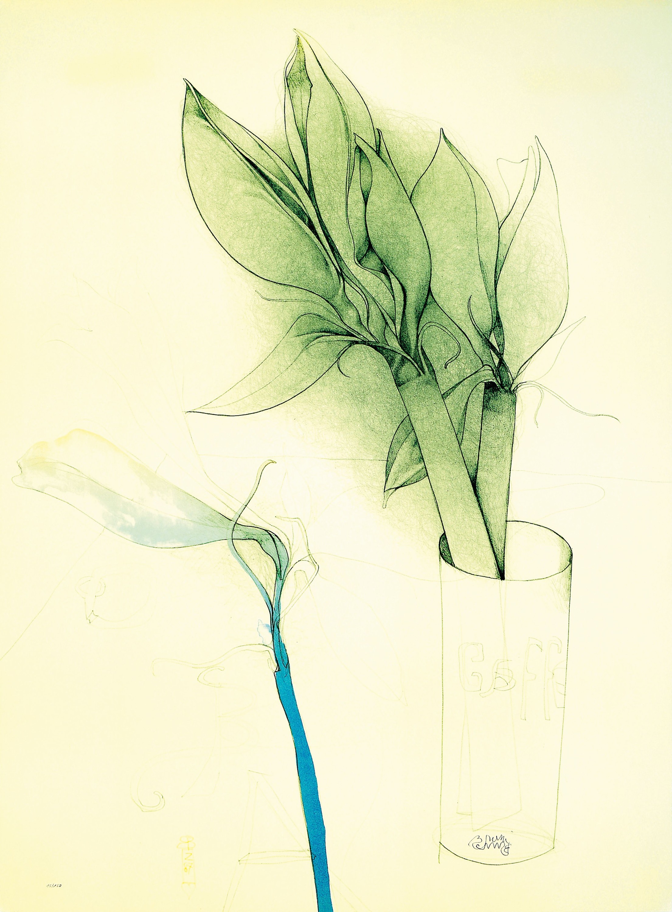 Bruno Bruni,geb. 1935, zwei Lithographien, Amaryllis und Gaffel von 1987, 150/150, handsigniert, ca. 80x59 cm und stil. Landschaft mit Flammen, num. ...