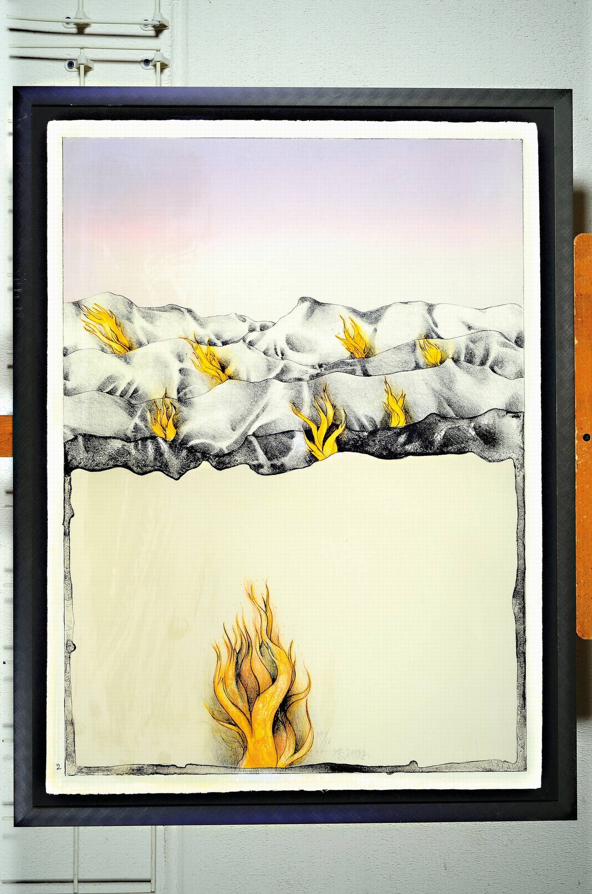 Detail l: Bruno Bruni,geb. 1935, zwei Lithographien, Amaryllis und Gaffel von 1987, 150/150, handsigniert, ca. 80x59 cm und stil. Landschaft mit Flammen, num. ...