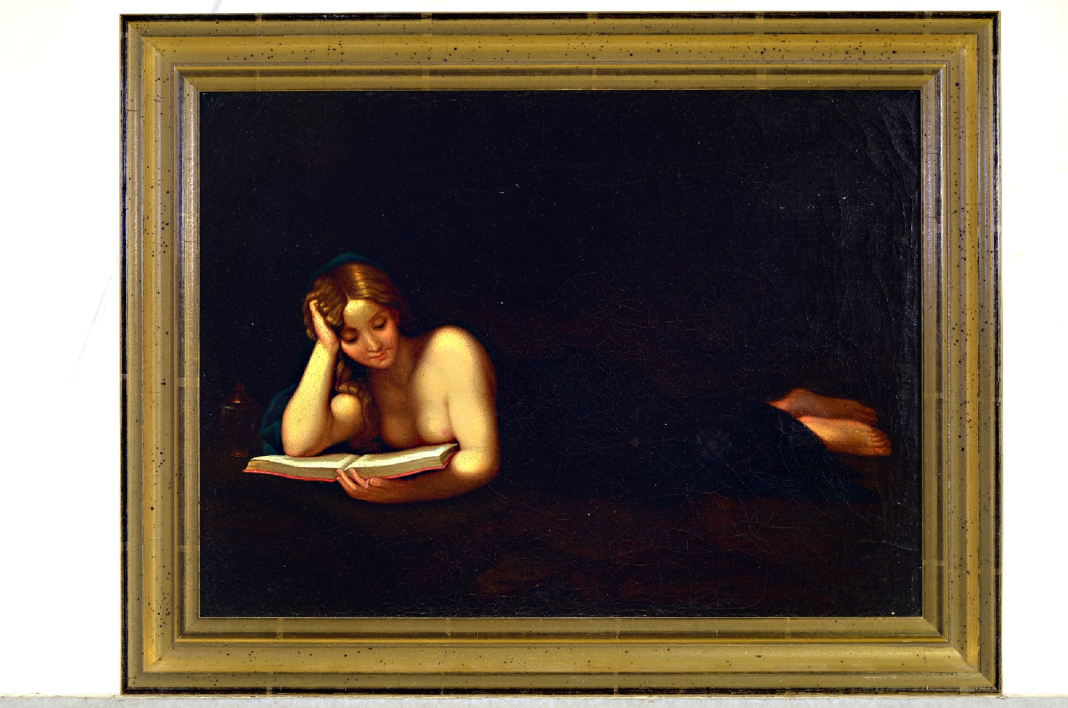 Unbekannter Kopist nach Pompeo Batoni, 19. Jh., Die büssende Maria Magdalena lesend in der Grotte, Öl/Lwd, rest., altersbedingt krakeliert, ca. ...