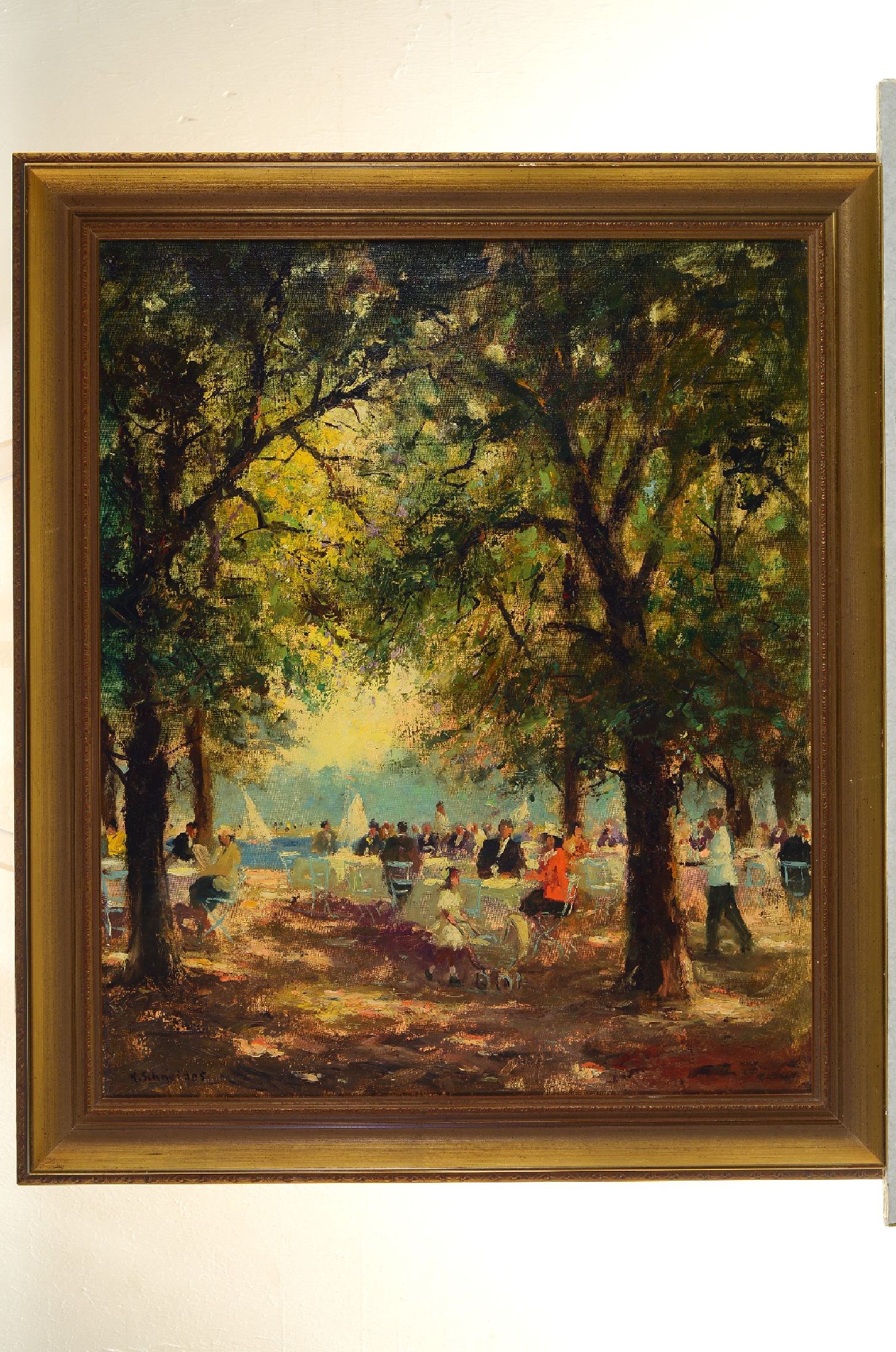 K. Schneider, Maler der 1. Hälfte des 20. Jh., vielfigurige Biergartenszene an einem See, Öl/Lwd, links unten signiert, ca. 60x 50cm, R. ca. 70x60cm