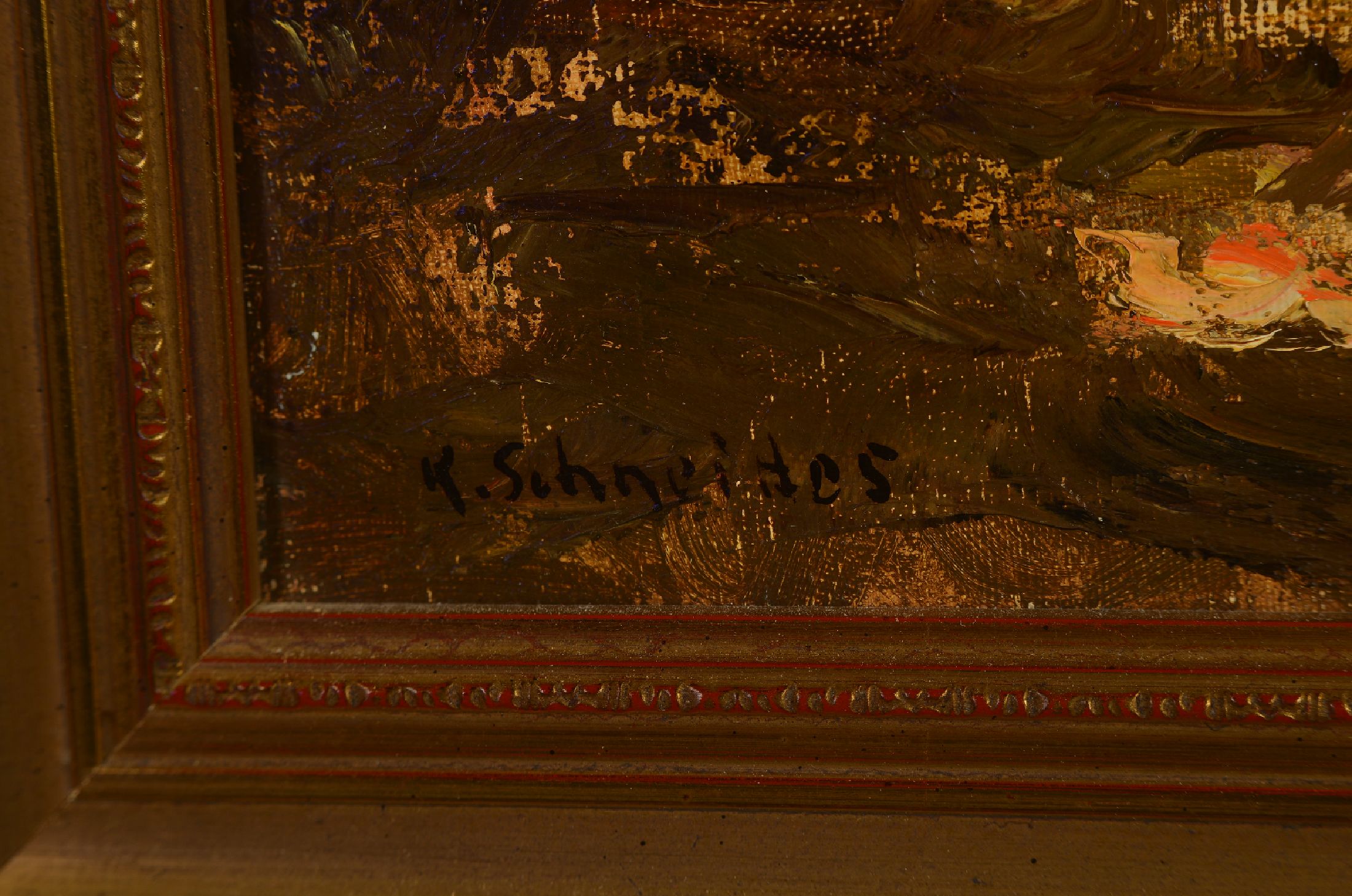 Detail a: K. Schneider, Maler der 1. Hälfte des 20. Jh., vielfigurige Biergartenszene an einem See, Öl/Lwd, links unten signiert, ca. 60x 50cm, R. ca. 70x60cm